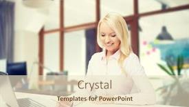  Presentation with education technology - Cool new slides with education business and technology concept - smiling businesswoman or student with laptop computer and papers sitting over office room background backdrop and a lemonade colored foreground