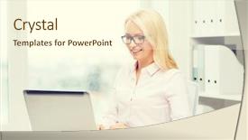  Presentation with education technology - Cool new PPT layouts with education business and technology concept - smiling businesswoman or student in eyeglasses with laptop computer in office backdrop and a cream colored foreground