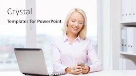  Presentation with education technology - PPT layouts featuring education business communication and technology concept - smiling businesswoman or student with smartphone texting message in office background and a white colored foreground