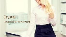  Presentation with education technology - Slide deck with education business flirting and technology concept - smiling businesswoman or secretary with laptop computer sitting on table in office background and a cream colored foreground