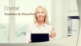  Presentation with education technology - Slide set with education business gesture and technology concept - smiling businesswoman or student showing thumbs up and tablet pc computer blank screen in office background and a cream colored foreground