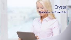  Presentation with doodle - Cool new slide deck with education business royalty and technology concept - smiling businesswoman or student with tablet pc computer with crown doodle in office backdrop and a sky blue colored foreground