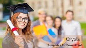  Presentation with classmates - Cool new slides with education campus and teenage concept - smiling teenage girl in corner-cap and eyeglasses with diploma and classmates on the back backdrop and a coral colored foreground