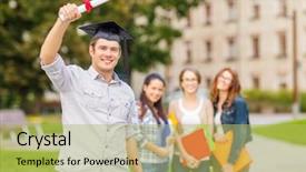  Presentation with classmates - Presentation design having education campus and teenage concept - smiling teenage boy in corner-cap with diploma and classmates on the back background and a yellow colored foreground