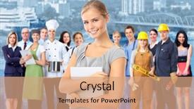  Presentation with industrial workers - Presentation theme featuring education career - business woman and a group background and a coral colored foreground