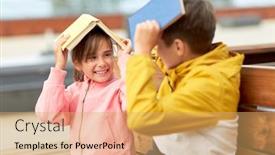  Presentation with street children - Slide set enhanced with education childhood and people concept - happy school children or brother and sister with books sitting on wooden street bench outdoors and having fun background and a yellow colored foreground