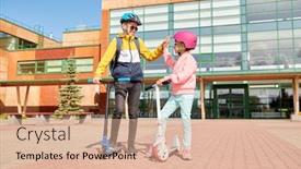  Presentation with school backpacks - Colorful presentation enhanced with education childhood and people concept - happy school children in helmets with backpacks and scooters making high five outdoors backdrop and a coral colored foreground