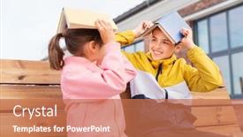  Presentation with street children - Amazing slide set having education childhood and people concept - happy school children or brother and sister with books sitting on wooden street bench outdoors and having fun backdrop and a coral colored foreground