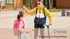  Presentation with school backpacks - Slide deck having education childhood and people concept - happy school children with backpacks and scooters making high five outdoors background and a soft green colored foreground