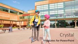  Presentation with school backpacks - Slide deck with education childhood and people concept - happy school children in helmets with backpacks and scooters outdoors background and a lemonade colored foreground