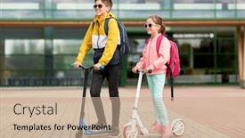  Presentation with school backpacks - Audience pleasing PPT theme consisting of education childhood and people concept - happy school children with backpacks and scooters outdoors backdrop and a coral colored foreground