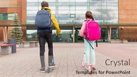  Presentation with school backpacks - Cool new presentation design with education-childhood-and-people-concept backdrop and a soft green colored foreground