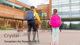  Presentation with school backpacks - Audience pleasing slide set consisting of education-childhood-and-people-concept backdrop and a mint green colored foreground