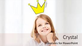  Presentation with doodle - Presentation with education childhood people and school concept - smiling little school girl daydreaming at school with crown doodle background and a coral colored foreground