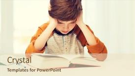  Presentation with homework - Slide set with education childhood people homework and school concept - bored or displeased student boy reading book or textbook at home background and a lemonade colored foreground