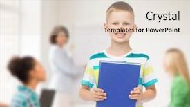  Presentation with education teamwork - Presentation theme having education childhood teamwork and school concept - smiling little student boy with blue book over group of students in classroom background and a lemonade colored foreground