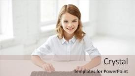  Presentation with school technology - Cool new PPT theme with education children technology and people concept - little student girl with computer keyboard at school backdrop and a soft green colored foreground