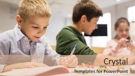  Presentation with education children technology science - Slide set featuring education children technology science and people concept - group of happy kids building robots at robotics school lesson background and a lemonade colored foreground