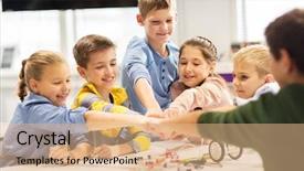  Presentation with education children technology science - Colorful presentation design enhanced with concept - group of happy kids backdrop and a coral colored foreground