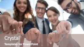  Presentation with team - Audience pleasing presentation theme consisting of education choosing - close up smiling business team backdrop and a coral colored foreground