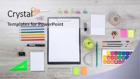  Presentation with art supplies - PPT theme enhanced with education clip art - school supplies with pencils paint background and a sky blue colored foreground