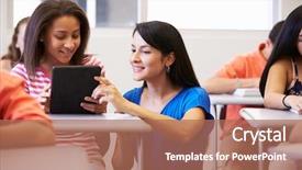  Presentation with high school - Amazing PPT theme having education computer tablet - teacher helping female high school backdrop and a coral colored foreground