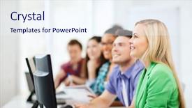  Presentation with computers - Cool new PPT layouts with education concept - students with computers backdrop and a sky blue colored foreground