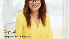  Presentation with taking notes - Amazing presentation design having education concept - smiling student girl in eyeglasses reading books ana taking notes in library backdrop and a yellow colored foreground