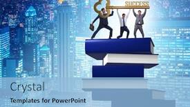  Presentation with books - PPT theme featuring person climbing ladder solution - education concept with books background and a light blue colored foreground