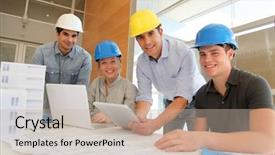  Presentation with students working in groups - Colorful theme enhanced with education construction - educator with students in architecture backdrop and a mint green colored foreground