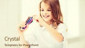  Presentation with creation - Presentation theme featuring education creation and school concept - smiling little student girl choosing colorful felt-tip pen at school background and a cream colored foreground