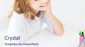  Presentation with creation - Cool new PPT theme with education creation and school concept - smiling little student girl drawing and daydreaming at school backdrop and a sky blue colored foreground