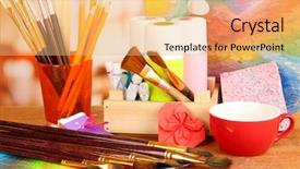  Presentation with paint art - Slide deck having school design - artistic equipment paint brushes background and a coral colored foreground