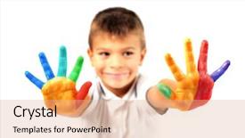  Presentation with child development - PPT theme consisting of education development - smiling child showing his colored background and a coral colored foreground