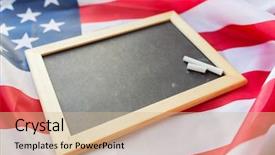  Presentation with nationalism - Slide deck consisting of education election patriotism and nationalism concept - close up of blank school blackboard and chalk on american flag background and a soft green colored foreground