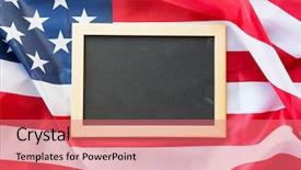  Presentation with nationalism - Theme featuring education election patriotism and nationalism concept - close up of blank school blackboard or chalkboard on american flag background and a coral colored foreground