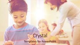  Presentation with student writing teacher - Beautiful slide set featuring education elementary school and children concept - happy little student girl with pen and paper writing over classrom and teacher background backdrop and a lemonade colored foreground