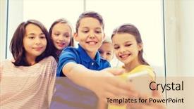  Presentation with elementary children - Beautiful PPT theme featuring education elementary school drinks children and people concept - group of school kids taking selfie with smartphone in corridor backdrop and a coral colored foreground
