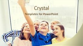  Presentation with elementary children - Beautiful slide deck featuring education elementary school drinks children and people concept - group of school kids taking selfie with smartphone in corridor backdrop and a cream colored foreground