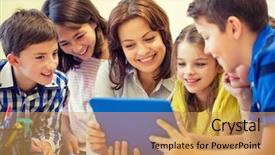  Presentation with elementary school technology - Slide set enhanced with tablet pc computer in classroom background and a yellow colored foreground