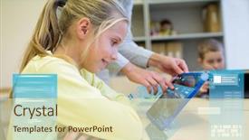  Presentation with virtual learning - Colorful theme enhanced with education elementary school learning technology and people concept - little girl with teacher and tablet pc computer in classroom over virtual screens projections backdrop and a soft green colored foreground