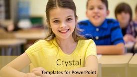  Presentation with elementary - Slides with education elementary school learning and people concept - group of smiling school kids sitting in classroom background and a yellow colored foreground