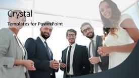  Presentation with team - Presentation theme with education employer - close up business team standing background and a light gray colored foreground