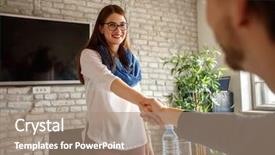  Presentation with shaking hands - Audience pleasing PPT theme consisting of education employer - young woman shaking hands backdrop and a coral colored foreground