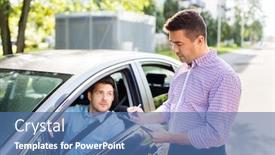  Presentation with examination - PPT layouts featuring education examination and people concept - driving school instructor with clipboard and male driver in car background and a ocean colored foreground