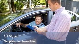  Presentation with examination - Beautiful slide set featuring education examination and people concept - driving school instructor with clipboard and male driver in car backdrop and a ocean colored foreground