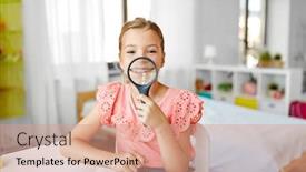  Presentation with exploration - Theme having education exploration and learning concept - student girl with magnifier and notebook showing her teeth at home background and a coral colored foreground
