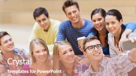  Presentation with friendship school - Slide deck featuring education friendship drinks technology and people concept - group of smiling students with smartphone and paper coffee cup taking selfie at school background and a coral colored foreground