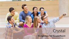  Presentation with friendship school - Cool new slide set with education friendship drinks technology and people concept - group of smiling students with smartphone and paper coffee cup taking selfie at school backdrop and a coral colored foreground