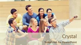  Presentation with friendship school - Slide set consisting of education friendship drinks technology and people concept - group of smiling students with smartphone and paper coffee cup taking selfie at school background and a lemonade colored foreground